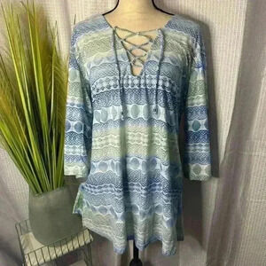 J. Valdi Womens Size L Blue Beach Cover Up Geometric Design Lace Up Neckline